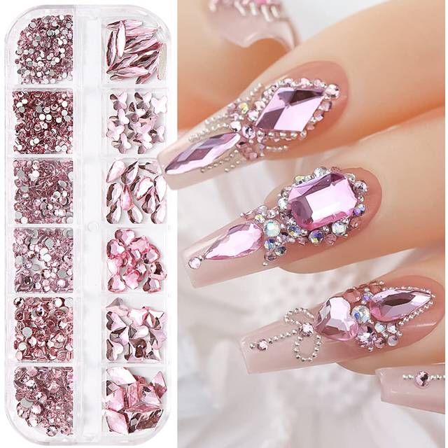 SHEIN 12 Grids Y2K Aesthetic Pink Asymmetric Flat Bottom Rhinestones For Nail Art Decoration DIY Nail Charms Nail Gems Nail Supplies