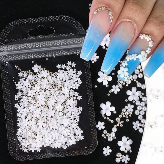 SHEIN 5g White Acrylic Small Flower Nail Art Charm Silver Beads Nail Art Rhinestone Decorations DIY Nail Charms Nail Gems Nail Supplies