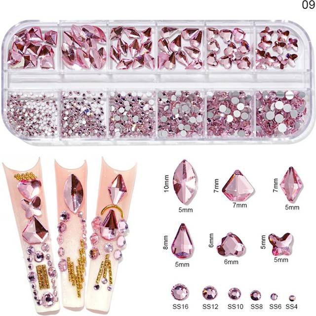 Kristall Ab nagelstranspar 1 ask 12 former av strass för naglar, nagelkonst strasspärlor med platta baksida för nagelkonstdesign flera former av glass - Rosa
