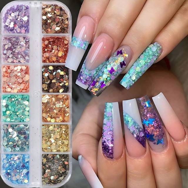SHEIN 1 Box 12 Grids Colorful Glitter Sequins Nail Art Decoration,Y2K Pink Sparkly Mermaid Mixed Iridescent Hexagon Flakes Holographic Powder Sea Romantic 3