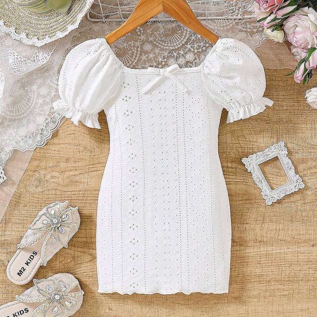 SHEIN Baby Girl Elegant Knitted Dress With Hollow Puff Sleeves