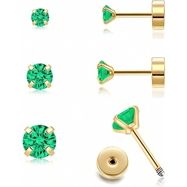 SHEIN 3 Pairs 18K Gold Plated Classic Handmade Tiny Flat Back Stud Earrings Cubic Zirconia Earrings Cartilage Piercing Jewelry For Women Valentines And Mard