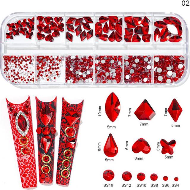 Kristall Ab nagelstranspar 1 ask 12 former av strass för naglar, nagelkonst strasspärlor med platta baksida för nagelkonstdesign flera former av glass - Röd