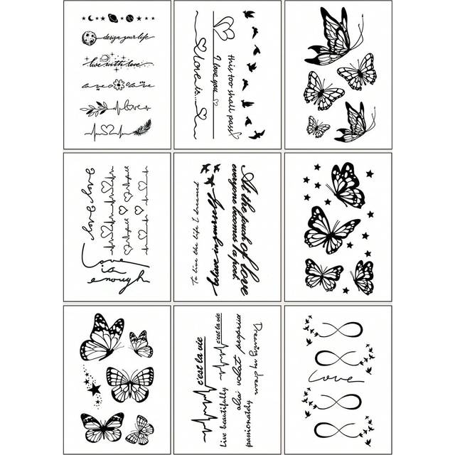STARTTOOS 9pcs Black Butterfly, Word And Heartbeat Pattern Temporary Tattoo Stickers For Small Body Parts Such As Wrist