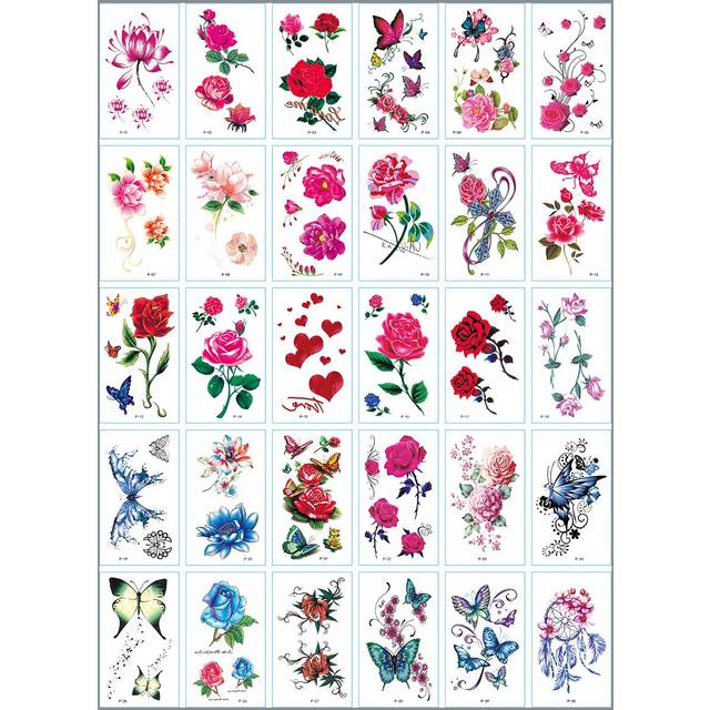 SHEIN 30Pcs/Set English Letter Colorful Flower Butterfly Heart Pattern Temporary Tattoo Stickers, Festival/Y2k Themed Makeup & Party Decoration