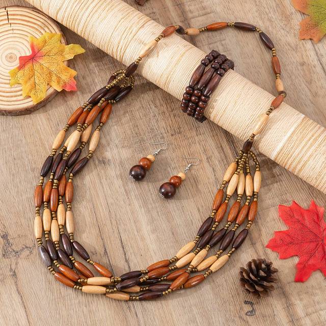 SHEIN 4pcs/Set Bohemian Style Wooden Multi-Layer Necklace, Earrings, Bracelet Jewelry Set For Women