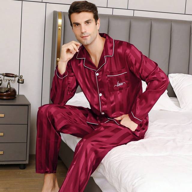 Tvådelade uppsättningar satin pyjamasset för män Långbyxor Silke Sleepcoat Knäppstil Långärmad kofta Randig brevbroderi Topp Hemkläder för vår och hös - Röd (L,M,XL,XXL)