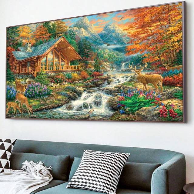 SHEIN 5d Diy Diamond Painting Kit, Mountain Creek Design, Suitable For Adults, Large Full Drill Round Diamond Art Craft Kit, Best For Home Wall Decoration,