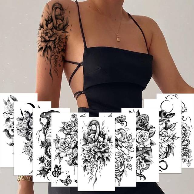 SHEIN 9pcs Snake & Flower Pattern Temporary Tattoo Sticker For Body Art Decoration, Waterproof, Suitable For Women And Men, Can Be Applied On Face, Arms, An