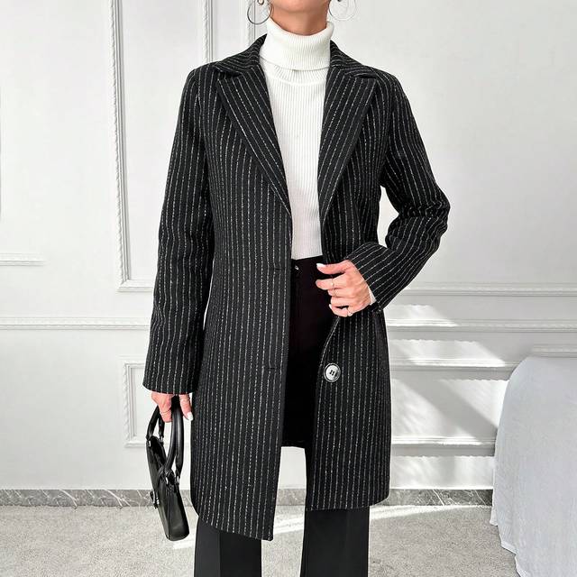 SHEIN Women&#39;s Black Striped Woolen Coat With Single-breasted Buttons
