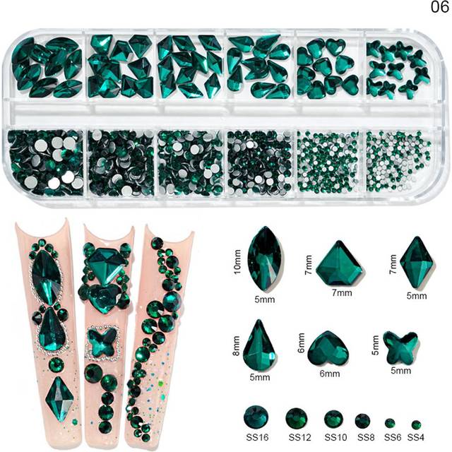 Kristall Ab nagelstranspar 1 ask 12 former av strass för naglar, nagelkonst strasspärlor med platta baksida för nagelkonstdesign flera former av glass - Mörk Grön