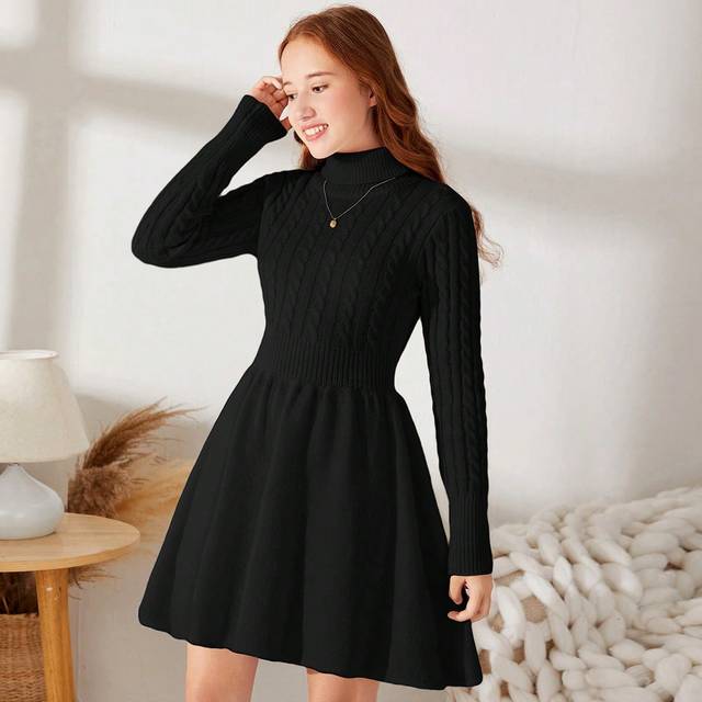 SHEIN Teen Girls&#39; Casual A-Line High Neck Pullover Sweater Dress With Long Sleeves