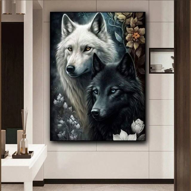 SHEIN Frameless 1pc 30x40cm Or 40x50cm Wolves Couple DIY Diamond Painting Full Round Diamond Cross Stitch Kit Diamond Embroidery Animals Love Picture Mosaic