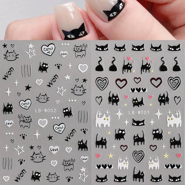 FULL BEAUTY Halloween 2pcs Cute Cat Pattern Watermark Designs Nail Art Stickers Water Transfer Decals Beauty Nails Accwssories For Decoration DIY