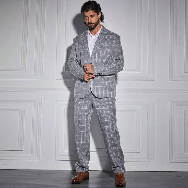 Manfinity Men Plus 1pc Plaid Single Button Blazer & 1pc Suit Pants Set