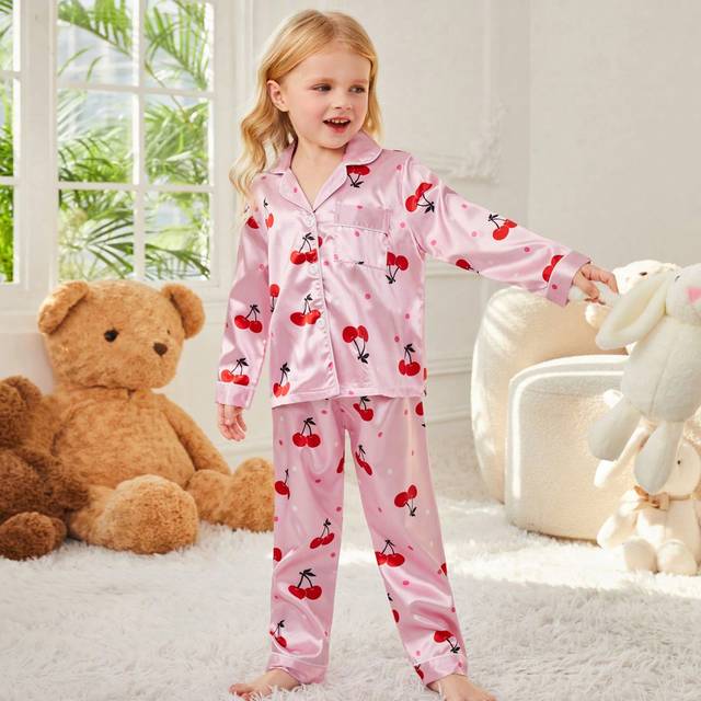 Ung flicka körsbär tryckt satin pyjamas set - Rosa (6Y,7Y,4Y,5Y)