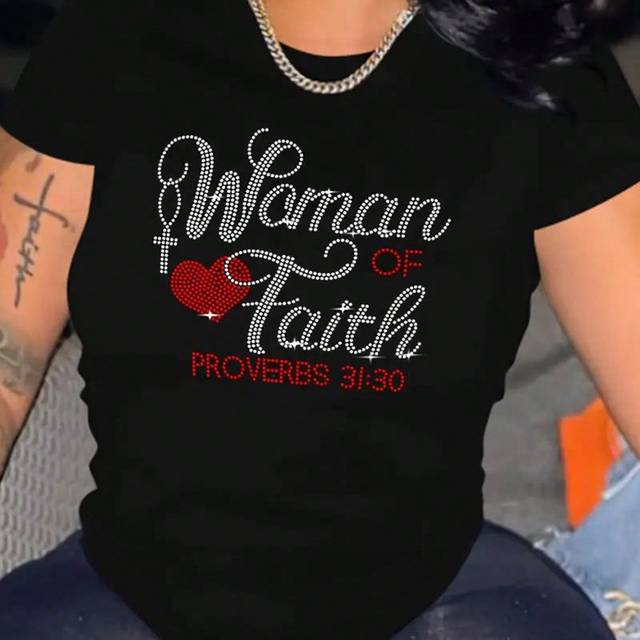 Calvaya Plus Size Women&#39;s Slogan Print Short Sleeve T-Shirt With English Letters Round Neck Graphic Tees Women Tops