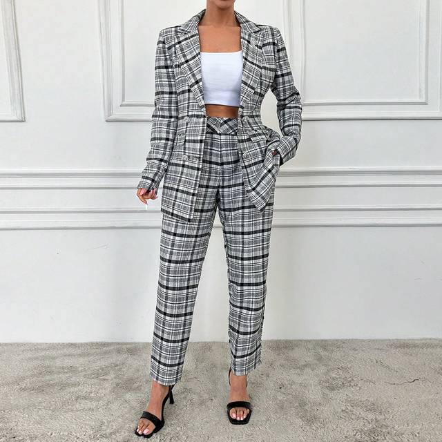 SHEIN Double Breasted Plaid Blazer And Trousers Suit Set With Turn-down Collar