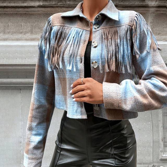 SHEIN Women&#39;s Plaid Fringe Decorated Collar And Woolen Coat