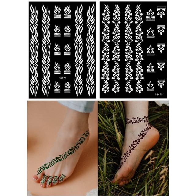 SHEIN 2pcs Flower Henna Hollow Out Stencil Temporary Tattoo Sticker For Foot