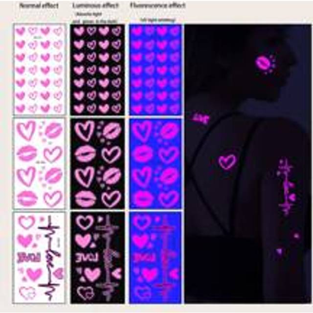 SHEIN (Set Of 3 Photos) Luminous Fluorescent Love Tattoo Stickers, Fresh, Waterproof, Long-Lasting, Simulated Personalized Tattoos, Sexy Tattoo Stickers For