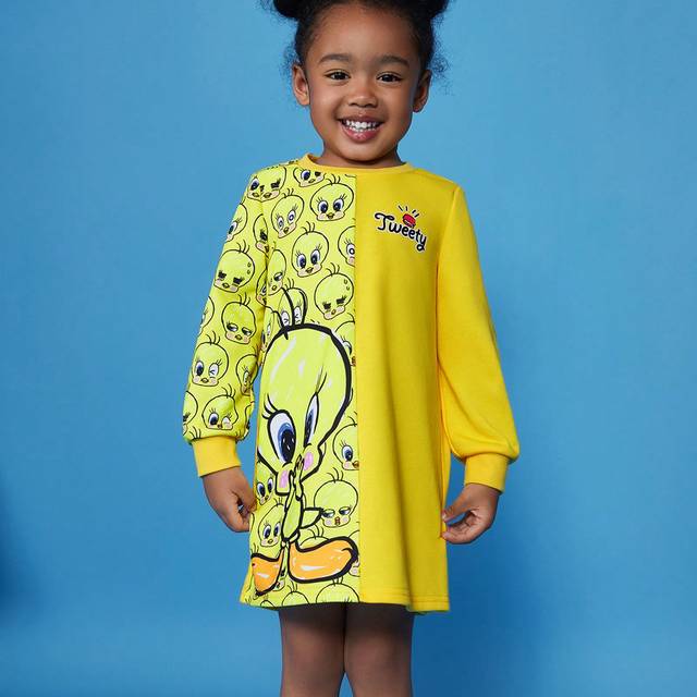 SHEIN Young Girl Cute Cartoon Print Round Neck Long Sleeve Dress