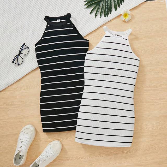 SHEIN Tween Girl Knit Black & White Stripe Sleeveless Dress With Top 2pcs/Set