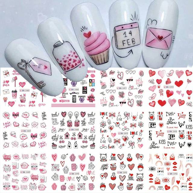 SHEIN 1pc 12 Design Pink Heart Nail Decals Water Transfer Stickers Drinking Cake Sweet Heart Design DIY Sliders Valentine&#39;s Day Nail Art Decoration Manicure
