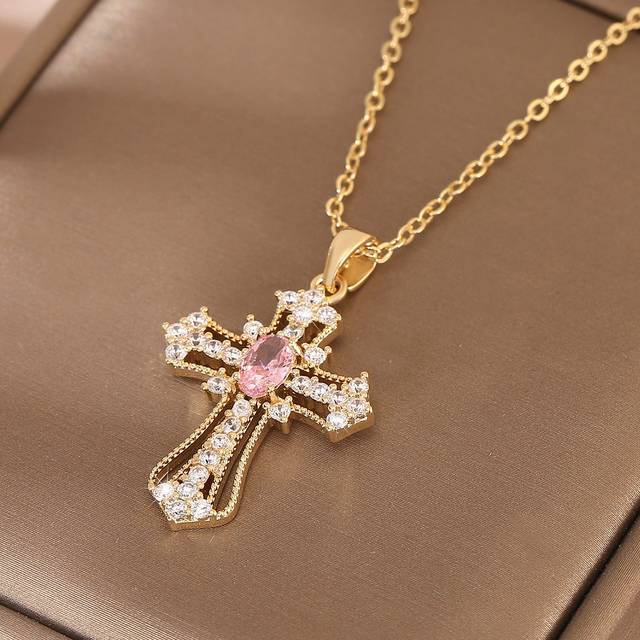 SHEIN 1pc Luxurious & Fashionable Copper Cross Pendant Necklace Embellished With Zirconia, Dating Gift