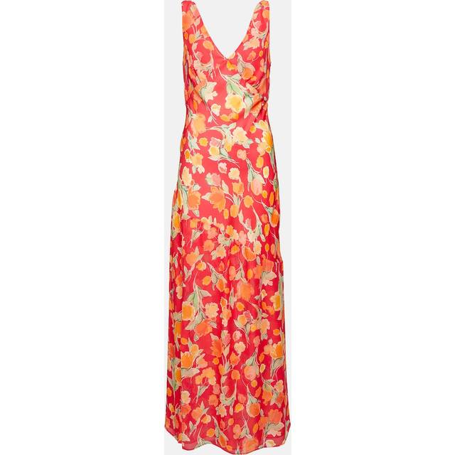 RIXO Moniq - Floral Coral V-Neck Midi Dress Regular / XXS/UK6 - Red