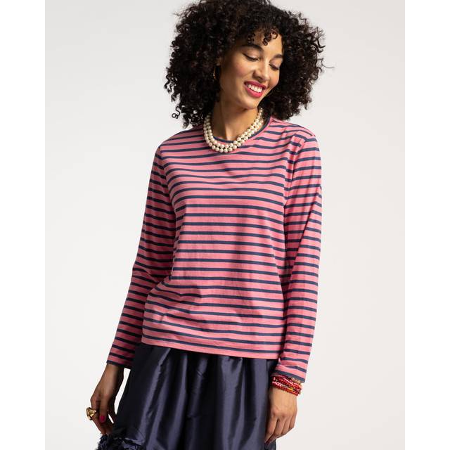 Long Sleeve Striped Tee Shirt - Pink Navy - 3X