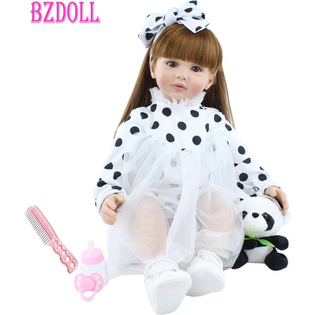 BZDOLL 60cm Soft Silicone Reborn Toddler Doll Toys 24inch Lifelike Vinyl Long Hair Princess Babies Girl Dress Up Doll With Panda 60cm Doll, Brown eyes