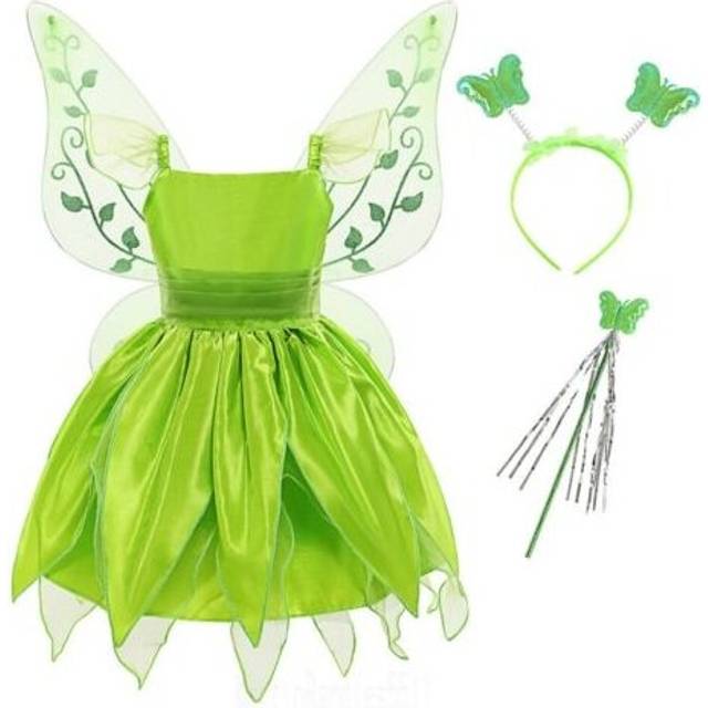 (130, Dress +Wing) Kids Girl Fairy Princess Green Elf Dress up Costume Party Outfit Carnival COS UK