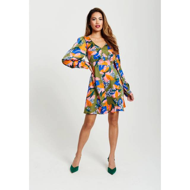 Womens Abstract Leaf Print Mini Dress In Olive - Multi - 10