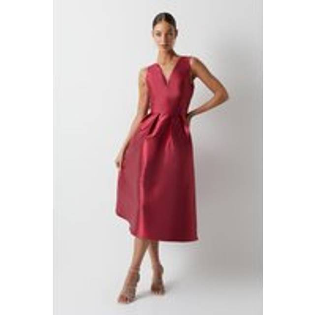 Plunge Neck Structured Twill Midi Bridesmaid Dress - Red - 10