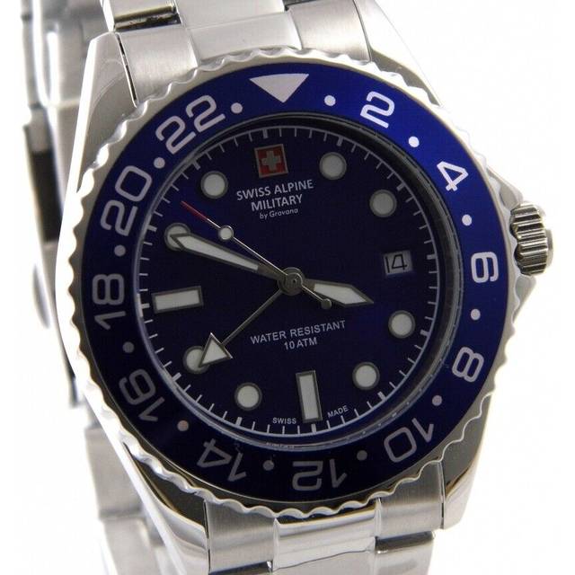 Swiss Alpine Military herrklocka, GMT, analogt kvartsurverk, 7052 rostfritt stål, Stål/Blå/Blå – 1135 sam
