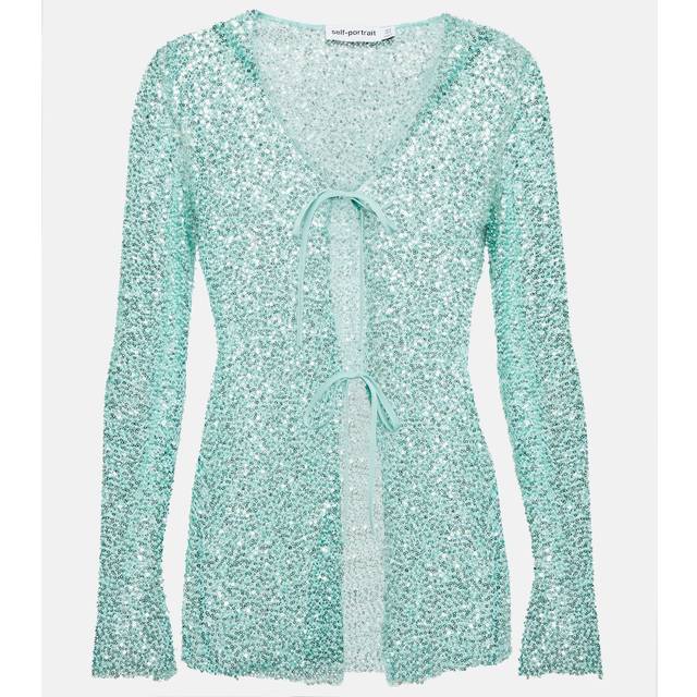 Self-Portrait Beaded tie-front cardigan - blue (UK 10)
