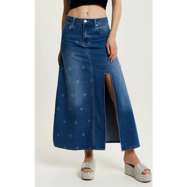Womens Polka Dot Midi Denim Skirt - Blue - 6