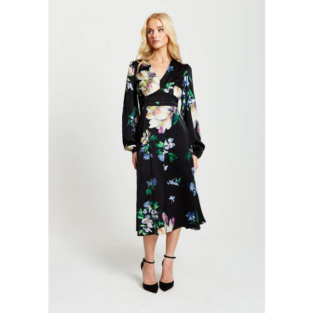 Womens Elegant Floral Print Midi Dress In Black - 14