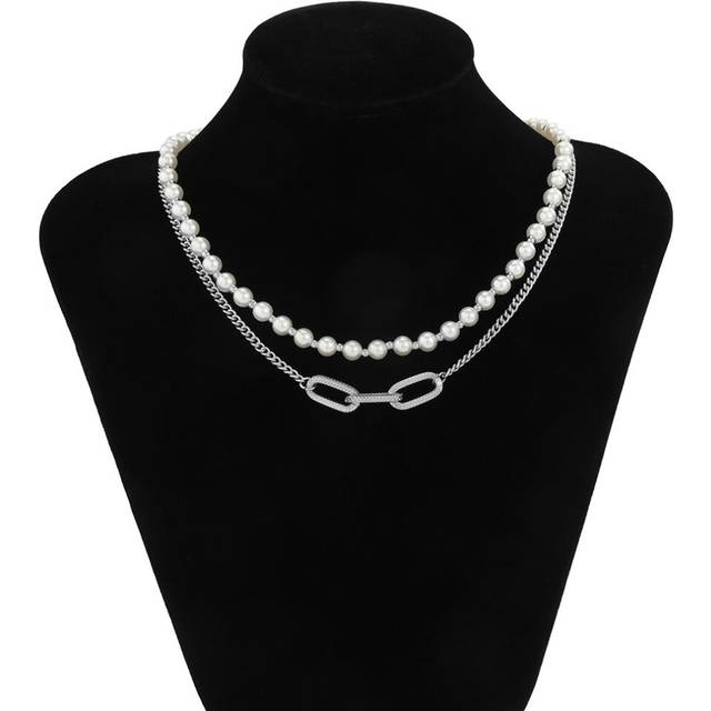 (Silver) Geometric Imitation Pearl Necklace Hip Hop Style