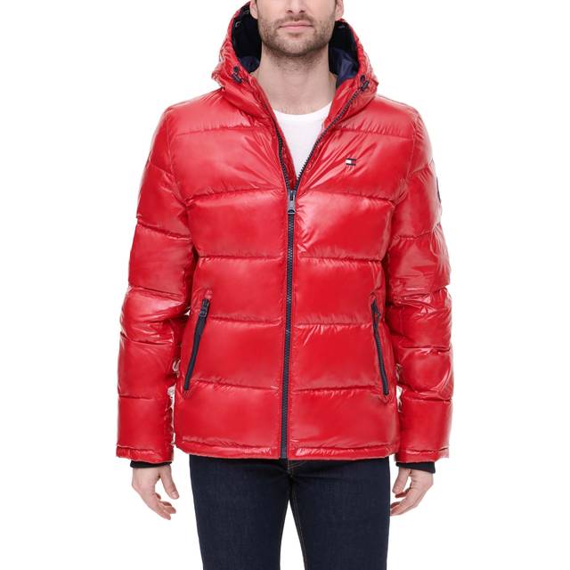 Tommy Hilfiger Mens Hooded Puffer Jacket  Pearlized Red  X-Large