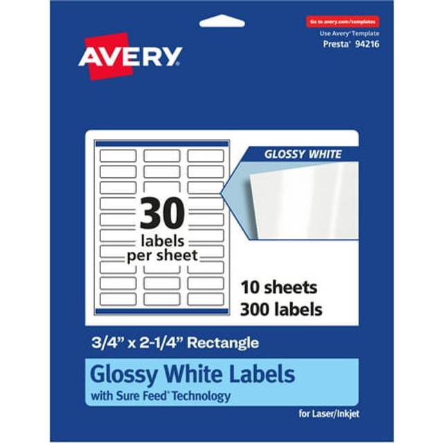 "Avery Glossy White Rectangle Labels  0.75"""""""" x 2.25""""""""  300 Labels  Print-to-The-Edge  Permanent Adhesive  Laser/Inkjet Compatible"