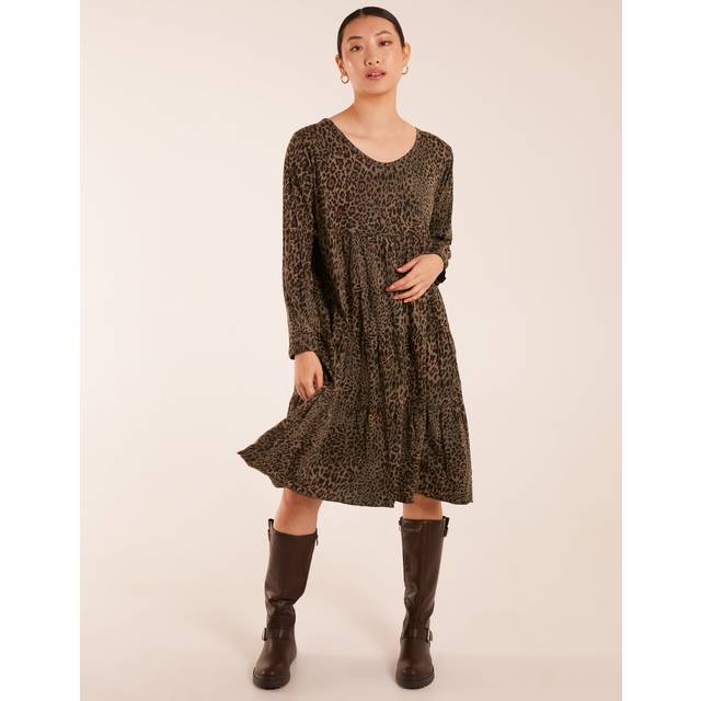 Blue Vanilla Womens Tiered Leopard Roll Sleeve Smock Dress - Khaki - One Size