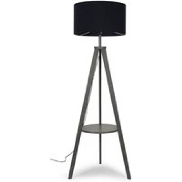 ValueLights Morrigan Grey Wood Tripod Floor Lamp with Large Black Reni Shade