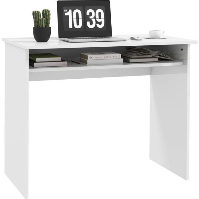 HOMCOM Modern Computer Desk, Home Office Table, Small Writing Desk with Storage Shelf, 90 x 50cm, High Gloss White