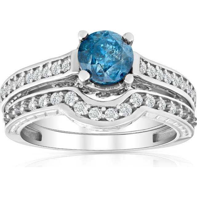 1/2ct Treated Blue & White Vintage Diamond Engagement Ring Set 14k White Gold