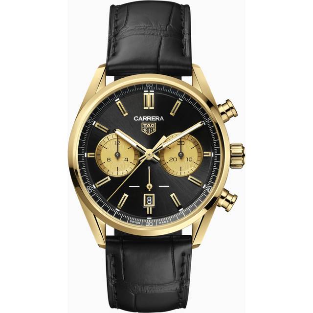 Limited Edition - TAG Heuer Carrera Chronograph 42mm Watch - Black Dial - Black Leather Strap - 18k Yellow Gold Indexes and Case