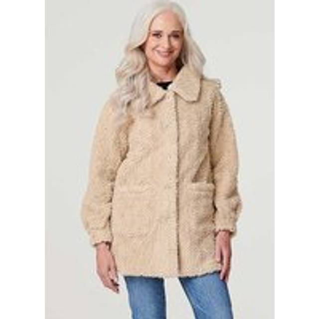 Textured Faux Fur Teddy Coat - Beige - Size 14 - Izabel London