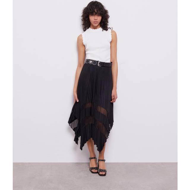 Asymmetric Pleated Midi Skirt - Black - L