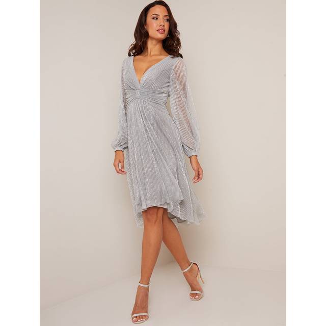 Long Sleeve Glitter Plisse Wrap Midi Dress in Silver - 14